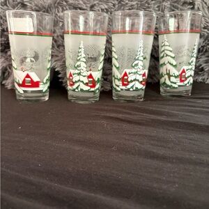 Libbey Winter Scene Glasses with Red and Green Accents
